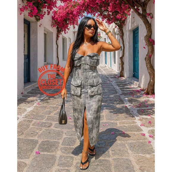 ZARA Blogger Favorite Strapless Utility Midi Dress NWT โ Cotton Cargo Chic, Sz M - Picture 5 of 16